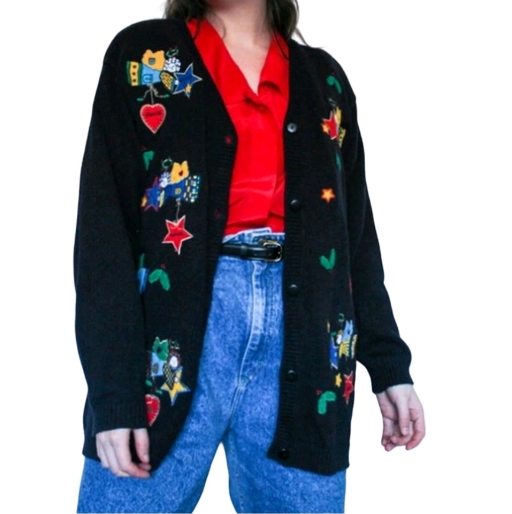 Vintage Quacker Factory Cardigan Black Embroidered Novelty Sweater • Retro Grand